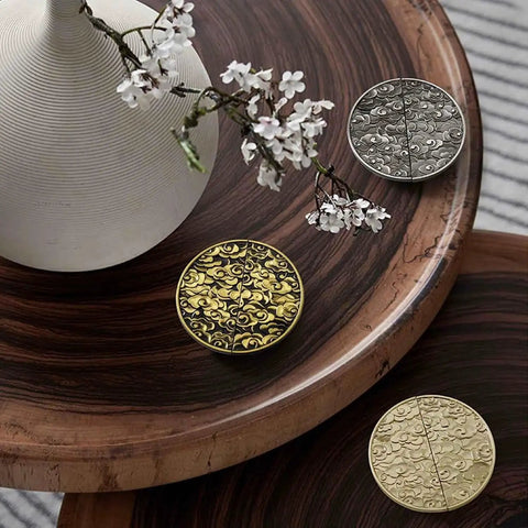 Antique Half Moon Cabinet Pulls 2 Pack In Gold Semicircle Zinc Alloy Drawer Handles with Chinese Pattern on Wood Table