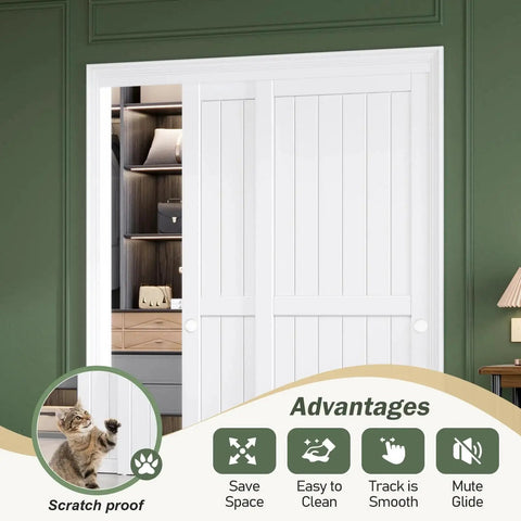 Sliding Closet Doors 60x80 Inches With White Bypass Barn Door Hardware Kit for Bedroom and Laundry Room shown installed