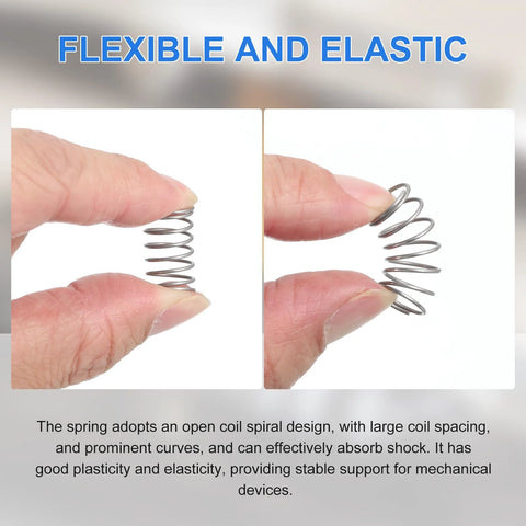 Front view of uxcell compression spring, 0.4mm wire, 4mm OD, 50mm length, 304 stainless steel, silver.