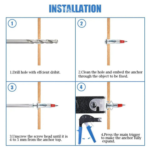 Four-step installation guide for Heavy Duty 60 Piece One Eighth Inch Forty Six Millimeter Zinc Plated Steel Molly Bolt Drive Wall Anchors Set With Screws Rust Resistant For Strong Drywall Mounting And Secure Fixture Installations