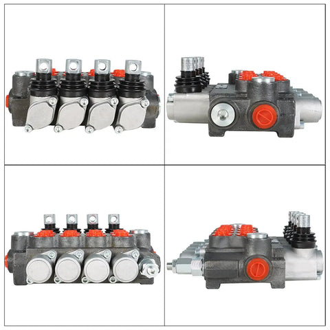 Four Spool Hydraulic Control Valve with 11 GPM Flow, 3600 PSI Max, BSPP Interface, heavy duty cast iron construction, multiple angles