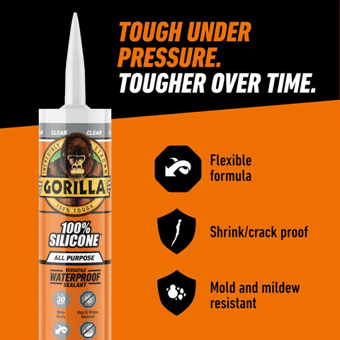 Front view: Gorilla 100% silicone all-purpose sealant cartridge, clear, 10 oz.