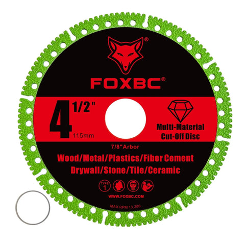 Front view of Indestructible Four And One Half Inch Multi Material Cut Off Disc For Angle Grinders With Seven Eighths Inch Arbor Diamond Grit Rim For Long Life And Fast Material Removal Three Pack By FOXBC.