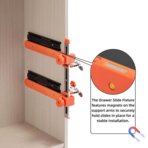 Slide Installation Jig With Toggle Clamp And Magnetic Arm Locator for faster drawer installations on side mount slides.