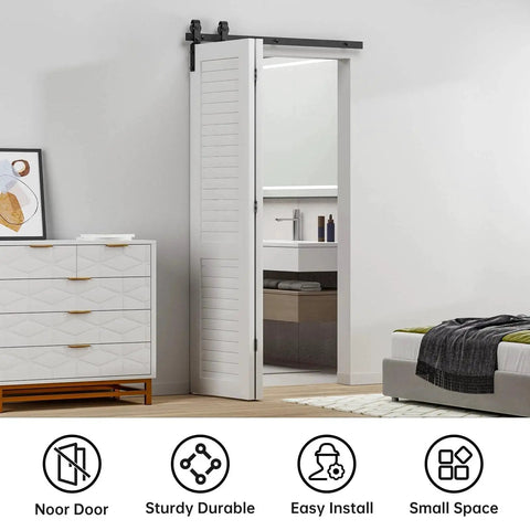 30 Inch Bi Folding Sliding Barn Door Hardware Track Kit with Smooth Quiet Operation installed in modern bedroom