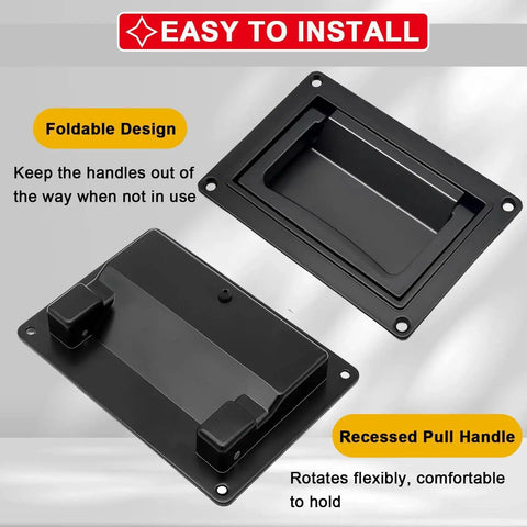 Recessed Door Pull Handles Set Of 2 In Black Zinc Alloy Folding Flush Lift Ring Design with easy installation guide.