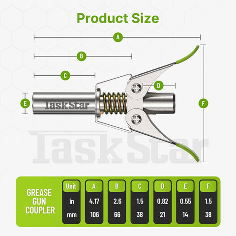 TaskStar grease gun coupler, side view with quick-release lever and spring-loaded jaws; metal body with TaskStar branding.