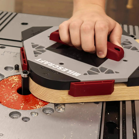 View of Corner Radius And Chamfer Router Jig With 8 Slick Profiles, Built-In Storage, and Dual Bearing 1/2 Inch Router Bit Included