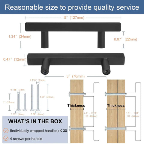 Matte Black Square Cabinet Handles Set Of 30 5 Inch Length Drawer Pulls with 3 Inch Center to Center, installation guide