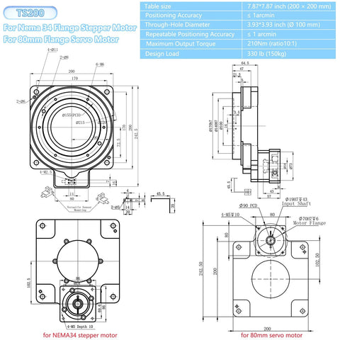 TS200 hollow rotary platform positioner CAD drawing with mounting dimensions for NEMA 34 stepper motor and 80mm servo motor