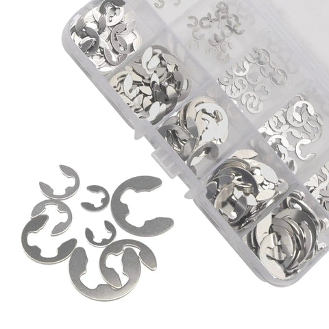 200Pcs 304 Stainless Steel E Clip External Retaining Rings Kit Circlips Snap Rings in box, 10 sizes, shown for rust-resistant DIY projects