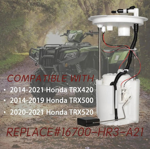 Honda Fuel Pump Assembly 16700-HR3-A21 for TRX420 TRX500 TRX520 displayed in front of Honda ATV on forest path