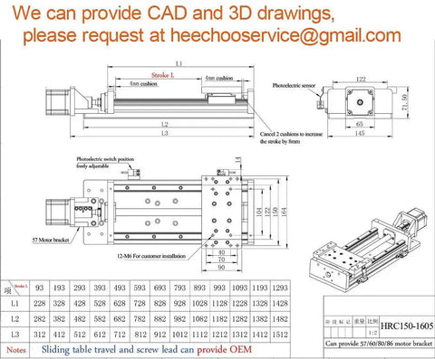 Technical drawing of Beefy Heavy Duty Sliding Table Travel Kit With 8 Inch Travel 1605 Ball Screw HG15 Linear Rail Guide 250 Kg Load