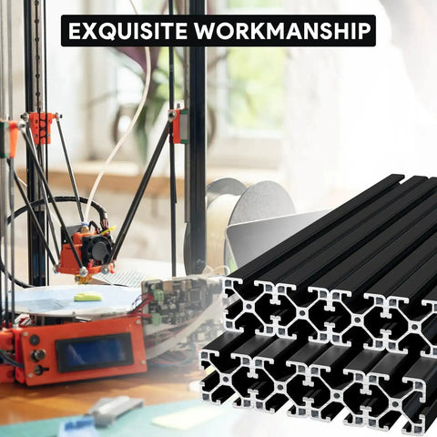 Four Pack 4040 T Slot Aluminum Extrusion Profiles In Anodized Black For European Standard Framing And Linear Motion Guide Rails Perfect For 3D Printers DIY Projects And Automation Equipment next to a 3D printer.