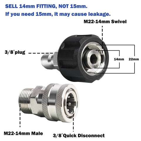 Stainless Steel Pressure Washer Adapter Set With M22 Male Threads And Quick Disconnects, detail of M22-14 swivel and 3/8" plug.