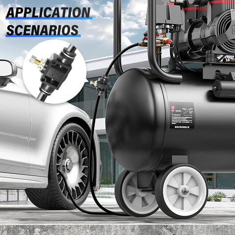 Air Flow Control Valve For Pneumatic Systems With Push To Connect Fitting Inline Speed Controller One Quarter Inch Tube OD To One Quarter Inch Tube OD Black Made Of Plastic And Copper Ideal For Low Speed Cylinders Zero To One Hundred Forty Five PSI Pack shown attached to an air compressor