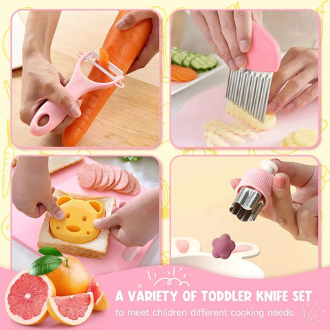 Toddler Knife Set For Real Cooking Kid Safe Knives With Cutting Board Montessori Kitchen Toys Built For Safe Pretend Play And Early Learning Gift For Girls Ages 3 To 8 Year Old, showing various utensils including a peeler and crinkle cutter.