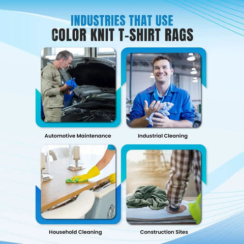 Industries using Recycled Color Knit Cleaning Rags Bulk Pack For DIYers And Home Pros, shown with automotive, industrial, household, and construction uses.