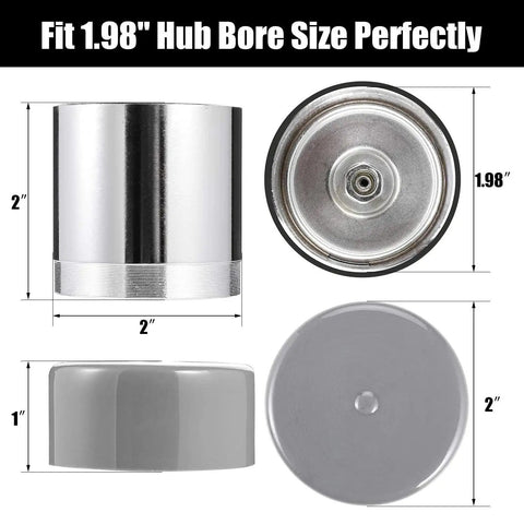1.98 Inch Bearing Protectors With Chromed Protective Bras For Trailer Wheels, Universal Fit 2 Pack showing dimensions and build
