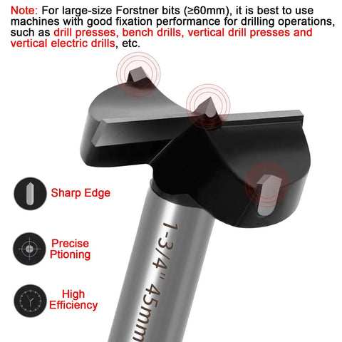 Close-up of a 3-1/4 Inch Carbide Tipped Forstner Drill Bit For Hard Wood With Clean Flat Bottom Holes, showing sharp edges and specifications.