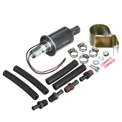 Universal 12V Inline Diesel Fuel Pump For Beefy Diesel Installations, OE Heritage Quality, hoses, fittings, and clamps