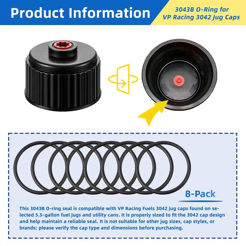 Eight Pack 3043B O Ring Kit For Fuel Jug Caps With Leak Proof Seal Compatible With 3042 Utility Jug Caps Durable Replacement O Rings For Quick Repairs And Reliable Long Lasting Sealing On Racing Fuel Jugs, showing 8 Buna-N O-rings for VP Racing 3042 caps.