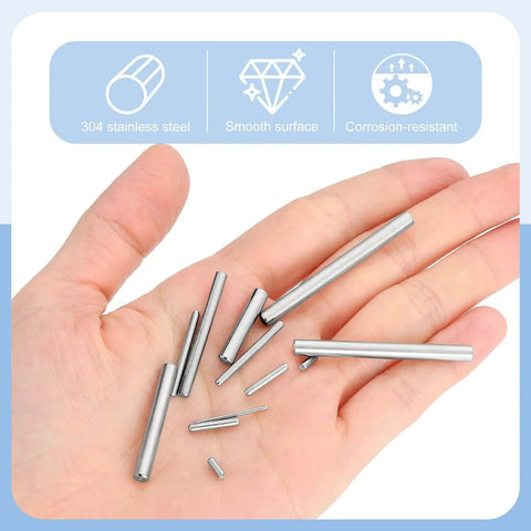 Hand holding various sizes of One Millimeter By Twenty Five Millimeter Dowel Pins Shelf Pegs 110 Pieces 304 Stainless Steel Nickel Plated Silver Tone