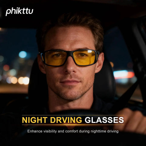 Polarized Yellow Night Driving Glasses Anti Glare Wrap Around Fit Over Glasses being worn inside a car at night