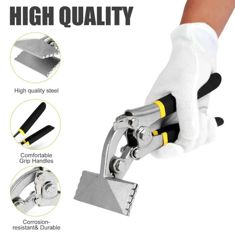 Gloved hand holding Pro Grade 3 Inch Curved Jaw Offset Hand Seamer for sheet metal bending with high-quality steel and ergonomic grip.