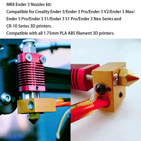 MK8 Ender 3 nozzle kit installed on 3D printer, showcasing brass nozzle and compatibility with Ender 3 series and CR-10 printers.