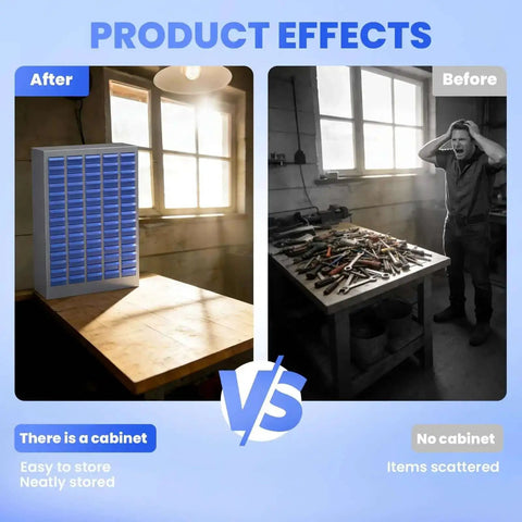 Comparison of a workshop with and without a 75 Drawer Nut And Bolt Bins Organizer With Alloy Steel Construction Double Groove Anti Fall System Labels And Dividers Heavy Duty Hardware Storage Cabinet For Workshops Garages Studios And Makerspaces.