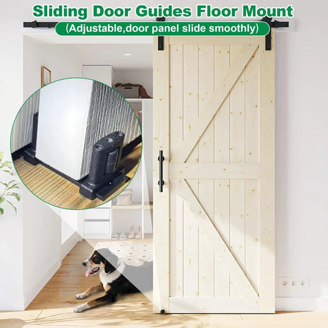Three Roller Adjustable Floor Guide Kit For Double Bypass Sliding Doors Black Floor Mount Guides installed on barn doors.