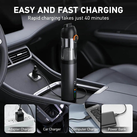 Super Handy 4 In 1 Cordless Car Vacuum With 18000Pa Suction And Brushless Motor shown charging in car console.
