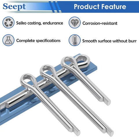 120Pcs Stainless Steel Cotter Pins Assortment Kit Pro Grade 304 For Hitch Pin Lock System And Tow Truck Or Tractor Repair Needs Includes M1.6x25 M2.5x25 M2.5x30 M3.2x30 M3.2x40 And M4x60. Close-up of three cotter pins on display.