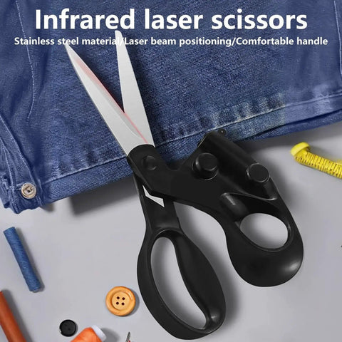 Laser Guided Scissors For Precise Fabric And Paper Cuts With Pro Grade Built In Laser Guide Ergonomic Handle Magnetic Storage And Quick Straight Cut for Sewing Crafts displayed with sewing materials