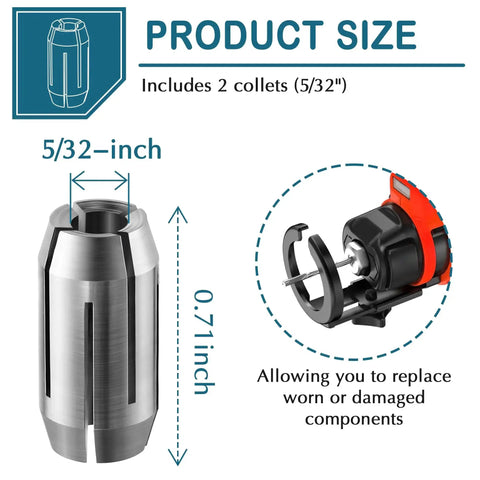 Two Pack Replacement Collet Kit For CN1 And DeWalt Spiral Saws And Drywall Cutout Tools 5 32 Inch Collets, product dimensions shown.