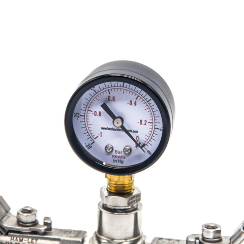 Beefy Dry Utility Vacuum Pressure Gauge With Dual Scale PSI And Bar 30 InHg To 0 PSI Black Steel Lower Mount Quarter Inch NPT