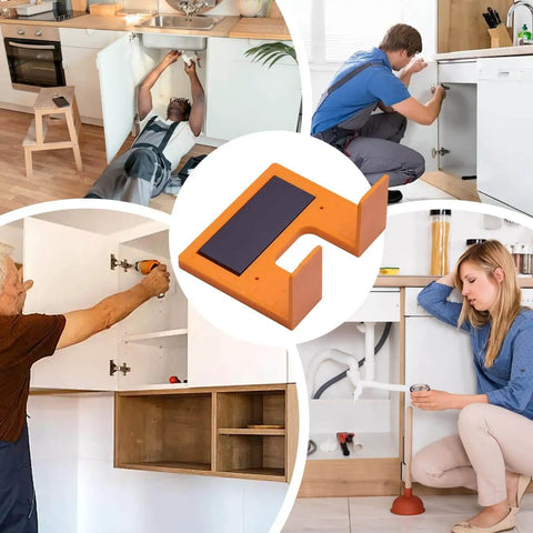 Cabinet Door Mounting Jig With Magnetic Locking For No Drill Installation; shown in home improvement use.
