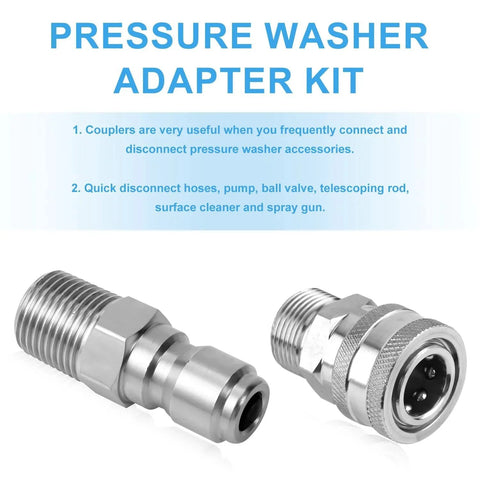Ten Pieces Stainless Steel Pressure Washer Quick Disconnect Fittings Set For One Quarter Inch Hoses With Male And Female Threads Quick Connect Adapters Durable Silver Power Washer Kit Accessories displayed on white background with product details text above.