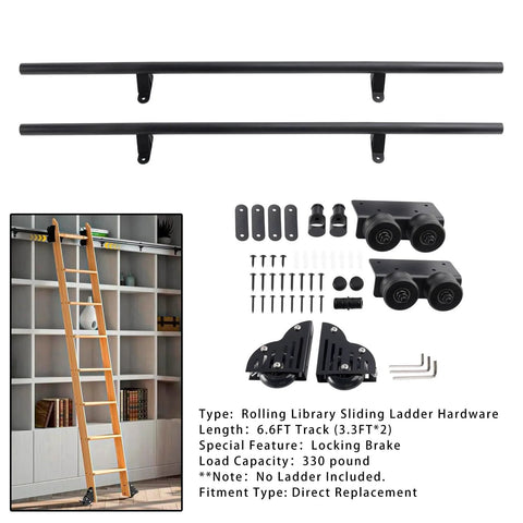 6.6Ft Rolling Library Ladder Hardware Kit With Floor Roller And Brake, Heavy Duty Carbon Steel Construction, max load 300lbs