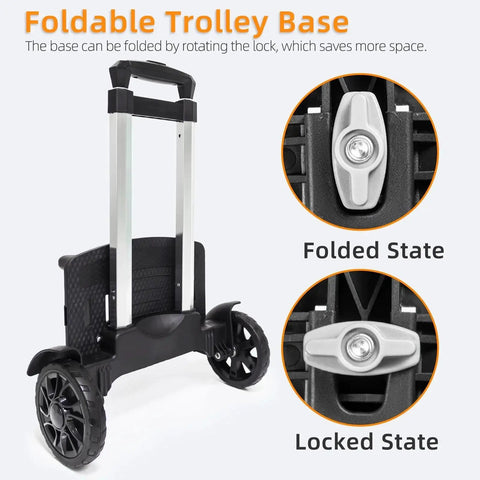 Transformable Backpack Trolley Cart With Aluminum Alloy Frame and Two Large Tank Wheels, showing foldable base in locked and folded states.