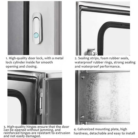 Close-up of Stainless Steel Indoor Electrical Enclosure Box With Hinged Cover Built To Last showcasing lock, hinge, and seal features.