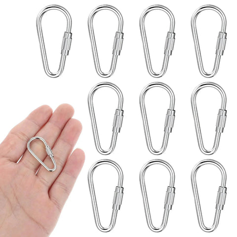 10 Pieces Heavy Duty Stainless Steel Quick Link Locking Carabiners For Keychains And Cages Mini Metal Hooks in hand and on display