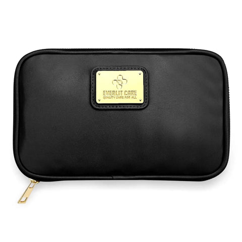 Black faux leather Car First Aid Kit With Emergency Supplies For Family Travel, featuring a gold zipper and label, front view.