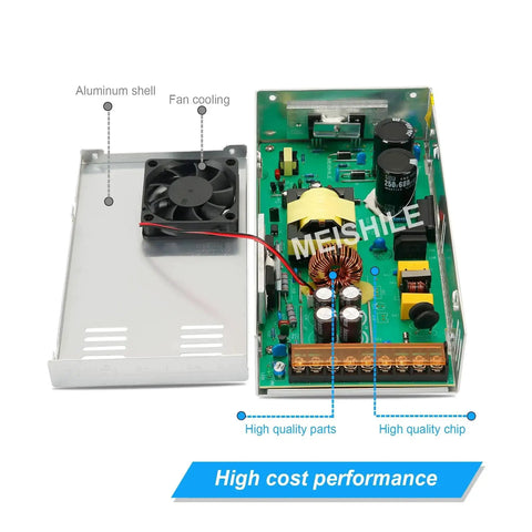 Beefy 24V 15A 360W DC Switching Power Supply SMPS with open aluminum shell, fan cooling, and high-quality chip components