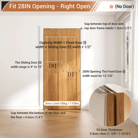 Diagram of 180 Degree Bifold Barn Door Hardware Kit Hidden For Right Open Folding Closet Doors installed on doorframe opening