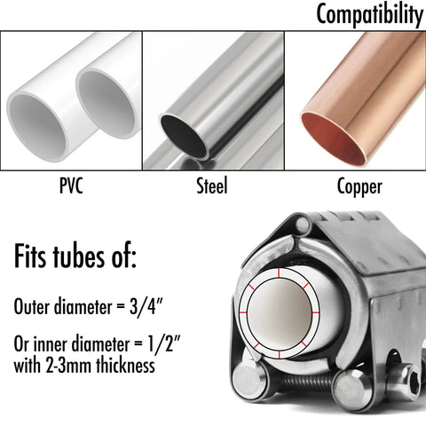 Emergency Pipe Repair Clamp For 3 Quarter Inch OD And 1 Half Inch ID Pipes Quick Fix 3mm Thick Body Leak Sealer Kit showing compatibility with PVC, steel, copper pipes