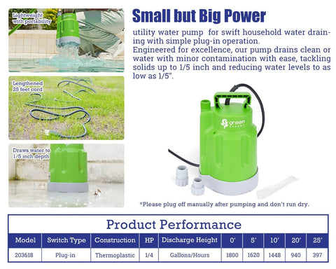 Green Expert 1/4HP submersible sump pump, 25 ft power cord, 1800 GPH, for pools, hot tubs, and basements