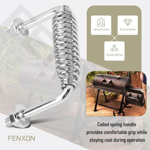 Five And Three Eighths Inch Spring Handle With One Half Inch Rod For BBQ Grills And Wood Stoves Bolt On Mount, stainless steel close-up.