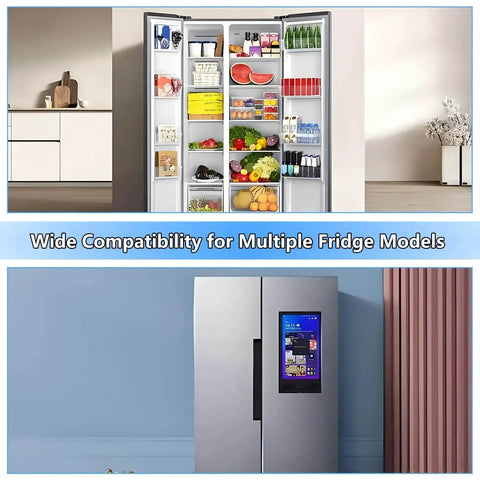 Open double-door refrigerator showing stocked shelves, highlighting Universal Refrigerator Start Relay And Overload Protector For 1 Quarter Inch Terminal Models, 110 To 120V Compressor Protection Device, Direct Replacement For GE Hotpoint Profile Fridges, No Brainer Install And Solid Cooling Saver.